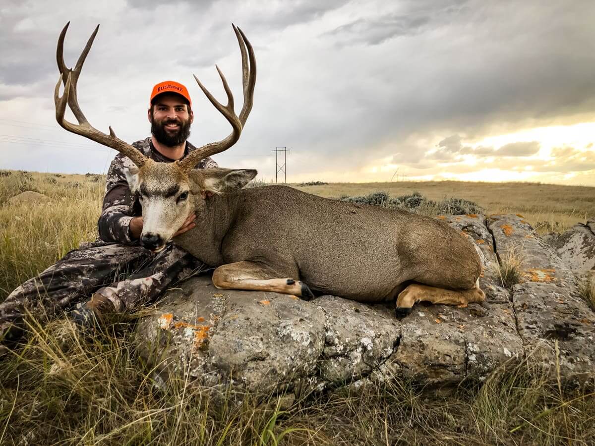 Man posing with a large deer on a rocky outcrop in an open field.