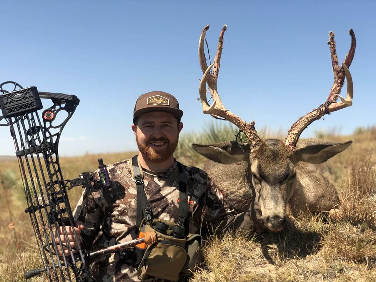 Man in hunting gear with a bow and a large deer in a field